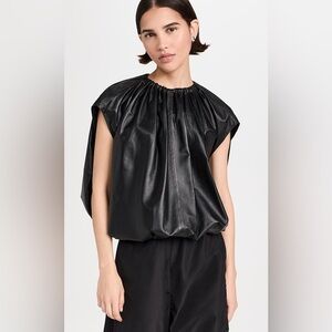 Tibi Featherweight Lamb Leather Shirred Neck Top Black S